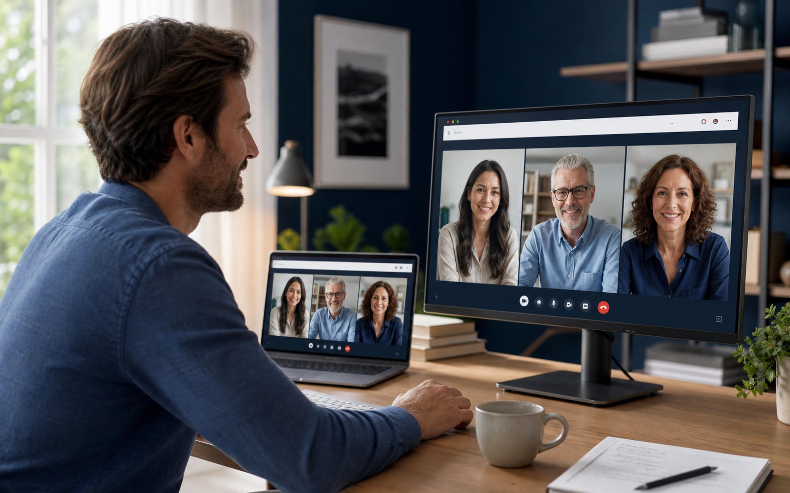Host joining a browser video meeting with remote colleagues